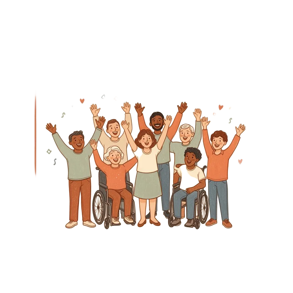A diverse group of people of different ages, ethnicities and abilities celebrating together with arms raised