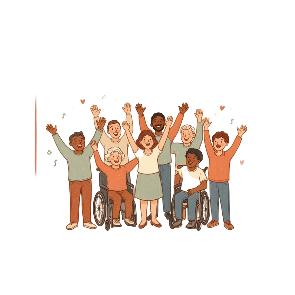 A diverse group of people of different ages, ethnicities and abilities celebrating together with arms raised